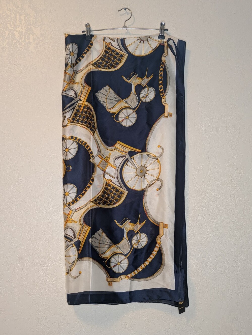 100% Silk Scarf 35"x72" In Navy And White with Gold Equestrian Print - Picture 2 of 9